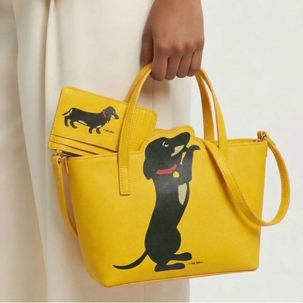 Yellow Dachshund Graphic Tote Bag with Wallet and Wristlet - Picture 1 of 11